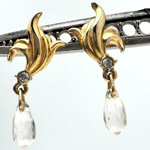 Vintage 80'S 90'S Shiny Goldtone Dangle Rhinestone Costume Earrings Glam Retro